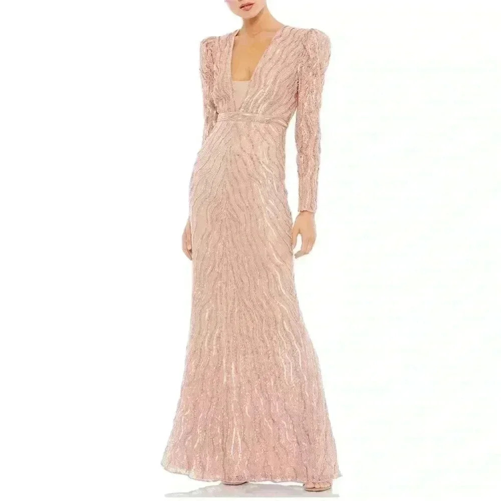 Women’s beaded puff sleeve trumpet evening gown size 8(nwot)